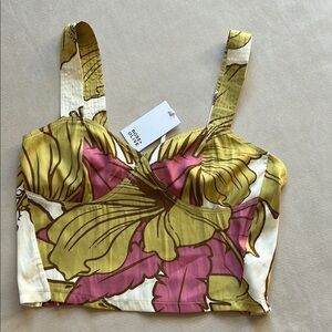 NWT Rose + Olive Floral Ruching Crop Top in‎ Pink and Green Women’s Size L